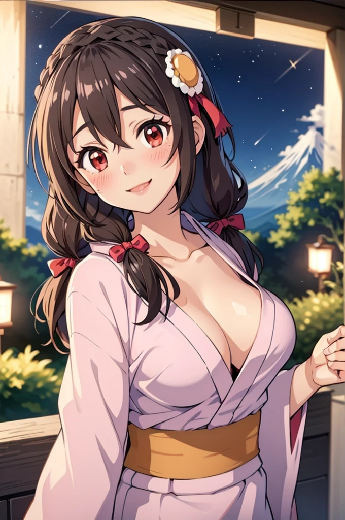 (masterpiece, highest quality), One girl,    Yunyun,Long Hair,Braiding,Twin tails,Hair between the eyes,Hair Ribbon,hair ornaments,Big Breasts,(Japan pink yukata:1.2),Red Eyes、(The best smile)、(blush:1.2)、Starry Sky、color々From an angle