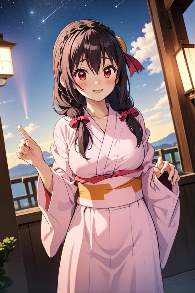 (masterpiece, highest quality), One girl,    Yunyun,Long Hair,Braiding,Twin tails,Hair between the eyes,Hair Ribbon,hair ornaments,Big Breasts,(Japan pink yukata:1.2),Red Eyes、(The best smile)、(blush:1.2)、Starry Sky、color々From an angle