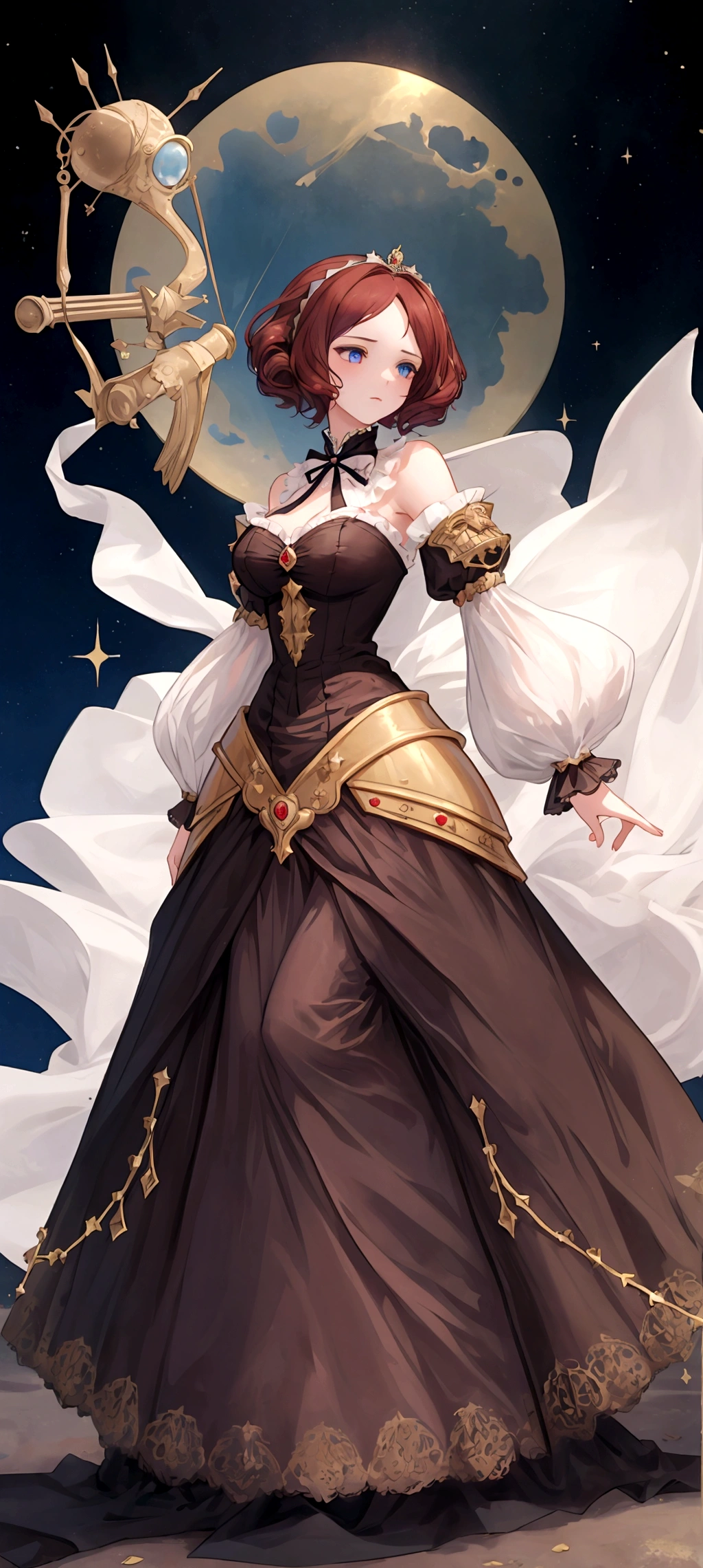 1girl, ((masterpiece,best quality)), Cute, solo, Star Dress, ((a unique renaissance era outfit with Victorian styling, no sleeves, armor)), ((Full body)), (tight waist, medium breasts, thighs)), Sexy, excited, Hentai art, big breasts, epic art, fantasy, 8k, hd wallpaper, high quality, intricate, elegant, highly detailed, clear focus, illustration, poster, postcard, ((right anatomy)), Dark red hair, Celestial being, elf, royalty, ruler, queen, galaxy, character, standing, both feet on ground, arms extended by side, Palms face forward, warrior, UwU, transparent background, high contrast, gothic, model stance, no pose, facing straight forward 