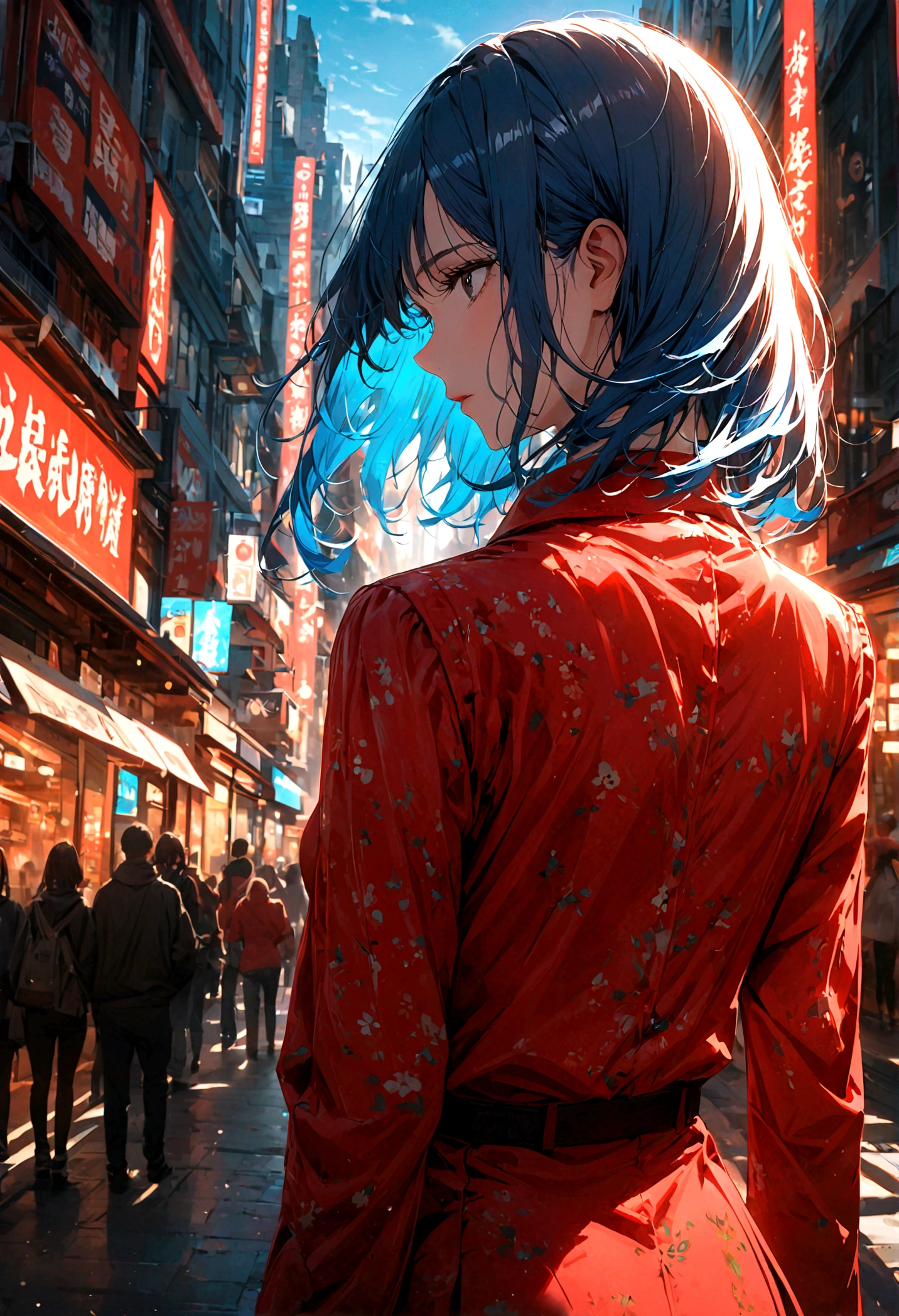 A woman with long blue hair and black eyes in a red suit stood alone with her back turned half her face in the middle of the city during the daytime.