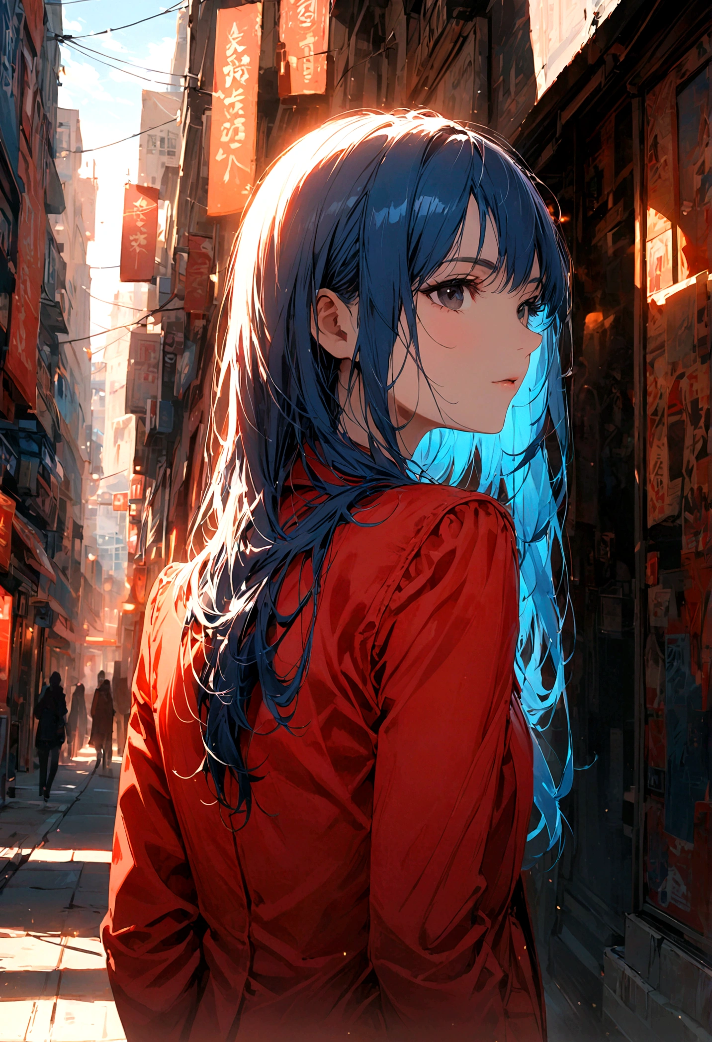 A woman with long blue hair and black eyes in a red suit stood alone with her back turned half her face in the middle of the city during the daytime.
