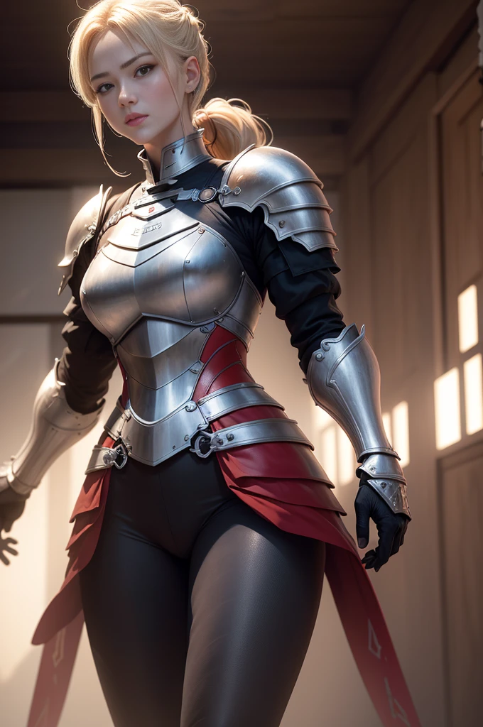 Beautiful mature blonde ponytail female knight、bright red chest armor、Black pants and red leg armor ((Muscular, macho, slim body and lower body))、carrying a large sword at his waist、there is a big shield smile tempting sexy realistic、picture、masterpiece、realistic、realism、photorealism、high contrast、realistic 아트 스테이션 트렌드 디지털 아트 8k HD 고해상도 설명 실제, Detail, skin texture, very detailed, realistic 피부 질감, armature, top quality, Ultra A high resolution, (realistic:1.4),, highest resolution, Detail, 원본 picture, Sharp Lee, Nikon D850 필름 스톡 picture: Lee Jefferies 4 Kodak Portra 400 카메라 F1.6 lenses rich colors surreal life-like textures dramatic lighting unreal engine artstation trends synestil 800,5Fine details of beautiful hands with fingers