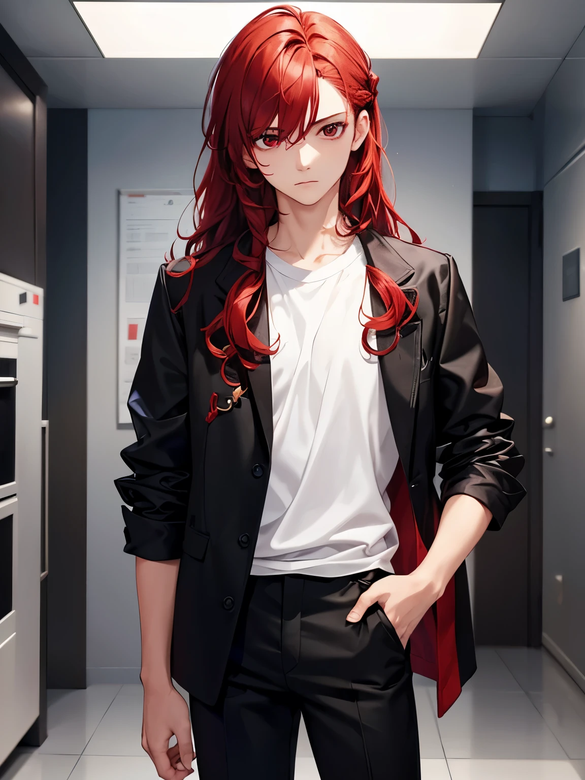 1boy,18 years old,standing,cool,middle parted hairstyle,Standing facing backwards,talking,Curly hair, red hair, red eyes, long hair,  handsome,,, standing,close up photo,White t-shirt, black jacket,black jacket,,black trousers