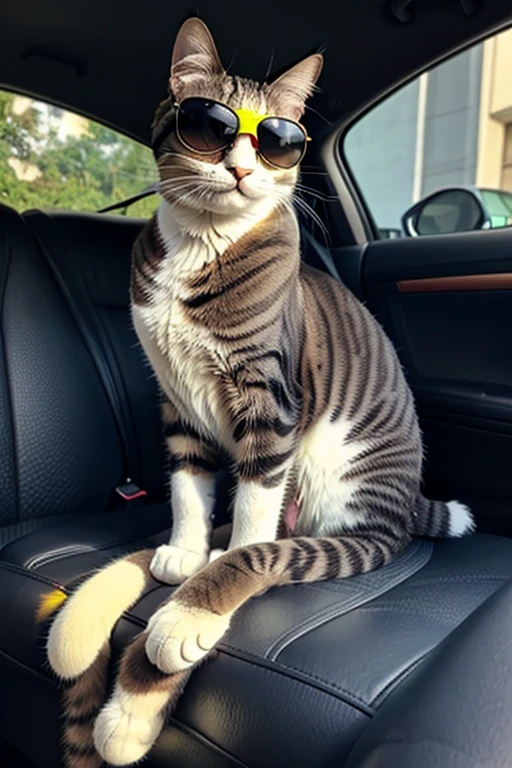 A cat with sunglasses, sitting on driver's seat of the car ,holding stearing  of the car with one hand