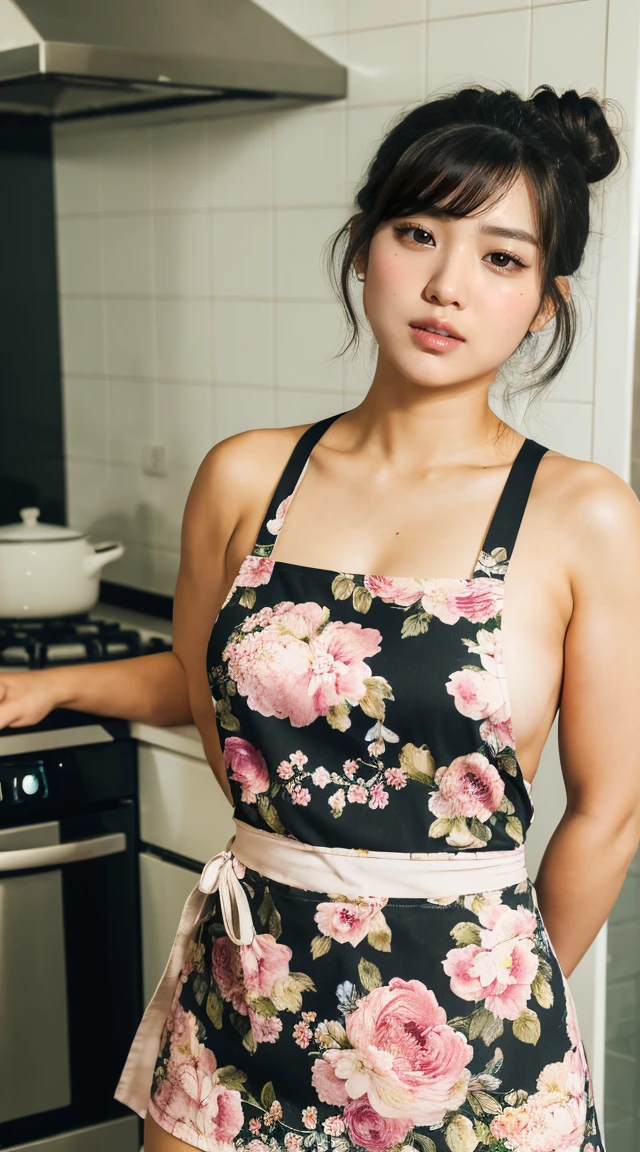 (Masterpiece,High Quality:1.3),(depth of field:1.3) ,((front body:1.35)), Indonesian ,middle-aged woman, Naked apron,Floral apron,Messy bun hair,Curly hair、black hair, Futomo, cooking in the kitchen, double thick thighs, ((huge thighs)), ((full body view)), ((smiling))