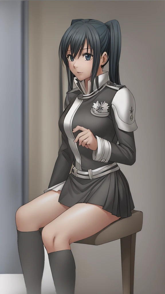 Lenalee, with her beautiful legs and twin tails, is wearing a miniskirt uniform and knee socks, sitting in a chair in the medical room.。