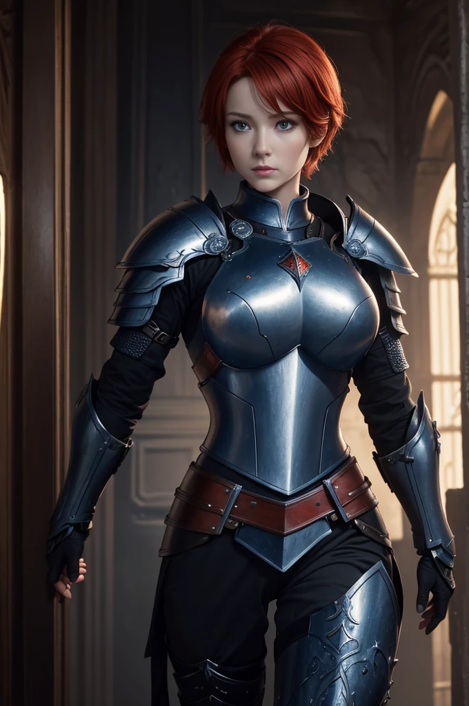 8K,Ultra A high resolution,((Best image quality)), ((masterpiece)), (high details:1.3), Joan of Arc,blue eyes,red hair short hair,woman in black armor、big bust,Attentive to the details of chest armor decoration、beautiful expression,tempting,sexy,Armor damage scene during war