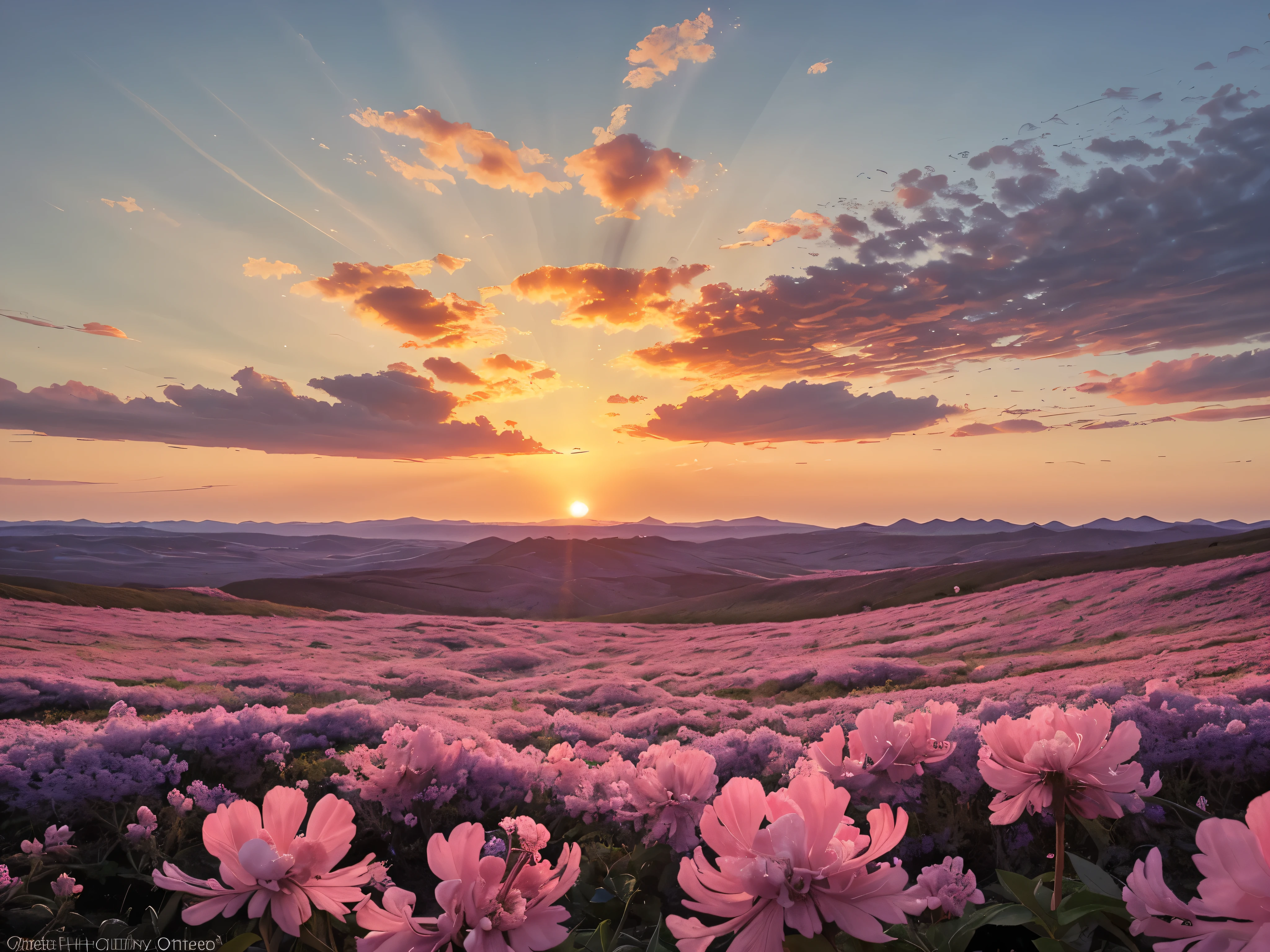 Amid the vast expanse of a cerulean sky, a vibrant blossom reaches towards the sun, its petals unfolding in hues of pink and white. Fluffy clouds drift lazily in the background as the golden sun begins its ascent, casting a warm glow over the tranquil scene. This stunning photograph captures the essence of a peaceful morning, where nature awakens in a symphony of colors and light. Each detail is crisp and vivid, inviting viewers to immerse themselves in the beauty of a new day dawning.