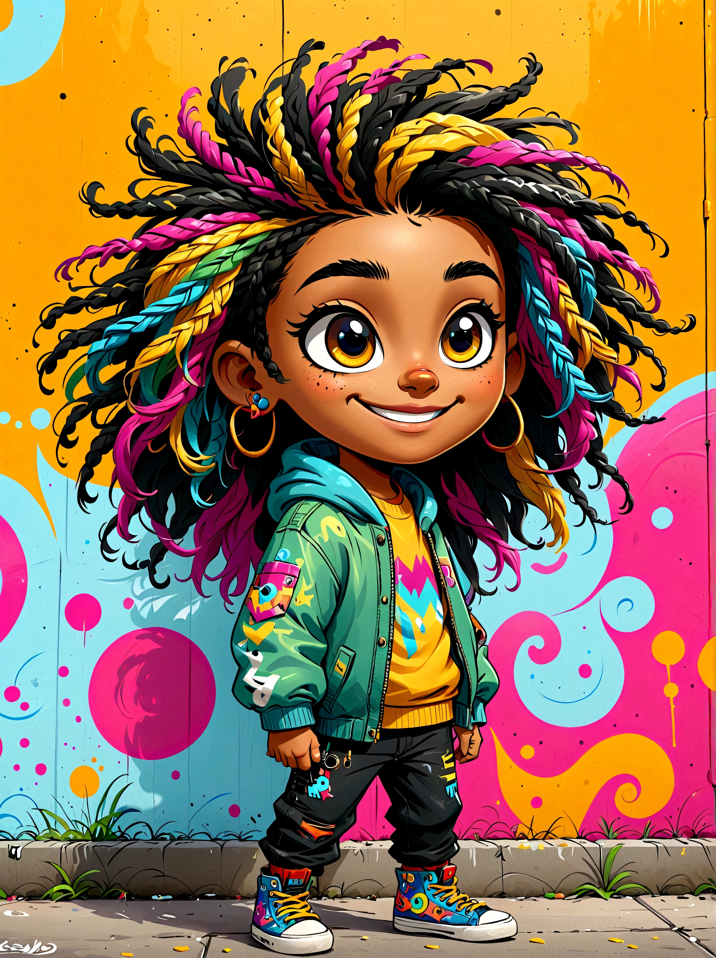 Graffiti style，Cartoon Characters，Vector illustration，1 **********，side，Large and expressive eyes，Friendly Smile，Gorgeous clothes，Colorful hair，Dreadlocks，Unique and wild hairstyle，站在Graffiti style的背景前，Add whimsy to the scene