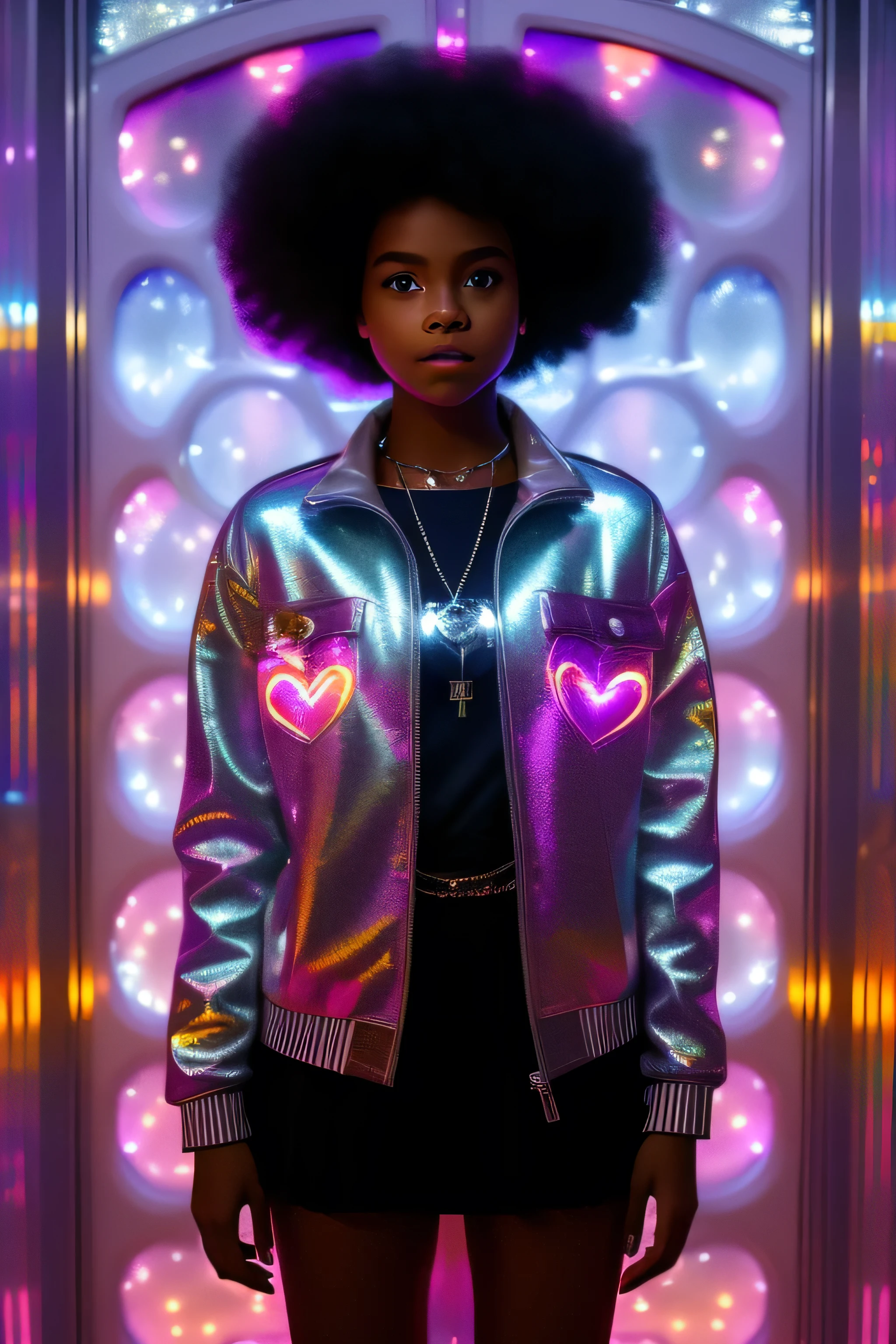 twilight (with warm colors), A black girl with an afro, dressed completely in white with chrome holographic circuits and hearts, standing in front of an upside-down white door with 'REIN' inscribed, holding a chrome holographic key. The 'Real Insólito' logo in chrome holographic floats close to the camera