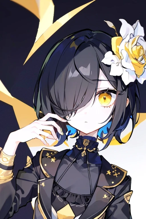 (highest quality、masterpiece:1.2) (((1 boy))) (suit) short hair、black hair,,、yellow eyes、elegant、beautiful eyes、beautiful hair、smooth skin、((low length))((hair above one eye, one eye covered)) (introverted look)upper body visible(((cute face))),