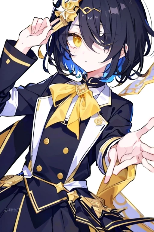 (highest quality、masterpiece:1.2) (((1 boy))) (suit) short hair、black hair,,、yellow eyes、elegant、beautiful eyes、beautiful hair、smooth skin、((low length))((hair above one eye, one eye covered)) (introverted look)upper body visible(((cute face))),