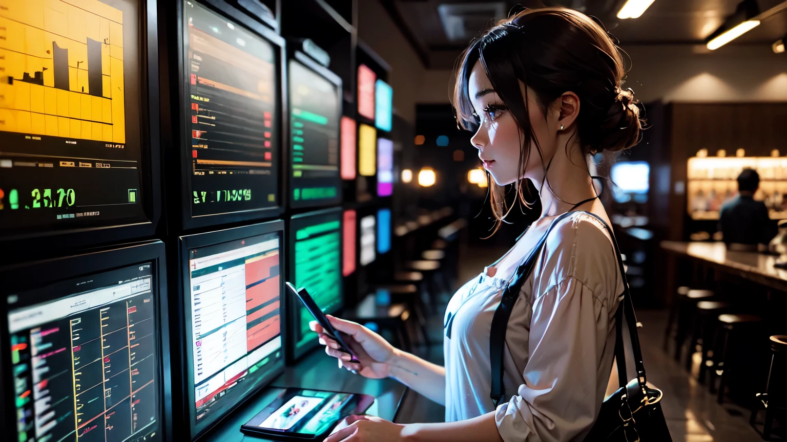 A pretty girl stands in front of a chart with glowing candlesticks、In the background, a full-screen exchange chart、The woman appears to be operating a tablet while standing.、dwaft、pygmy