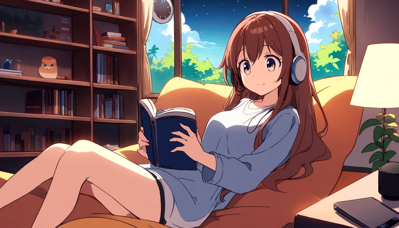Masterpiece, top quality, movie stills, one girl, cloud girl, happy, warm soft lighting, night sky, reading a book seriously while listening to music on headphones in bed in room, night owl, girl with long hair, big eyes, illustration style