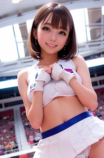 ((nsfw)),1 cheerleading girl、(Colorful sleeveless cheerleading uniforms、Flared mini skirt),Jumping、(Pompoms on both hands、Put your hands up),Bob Hair、Brown Hair、Medium breast、smile、masterpiece、Raw photo quality、Highest quality、8k、View from below、Arena、(White panties),