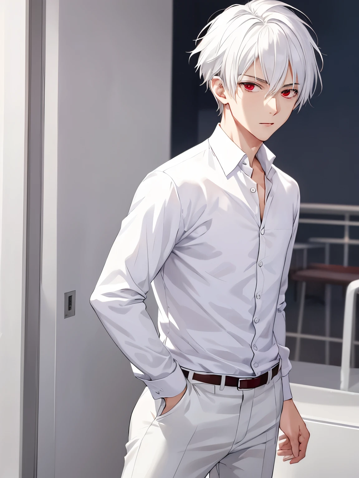1boy,Standing,cool style,side parted hair,18 years old,Standing,red eyes,Long sleeve shirt, white shirt, white trousers,close up photo,handsome,side parted hair,short hair, straight hair, white hair, vampire, ultra detailed, ultra HD