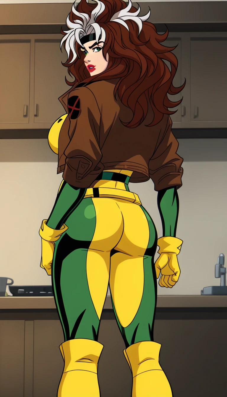 RogueXMXL, green eyes, lipstick, brown hair, two-tone hair, long hair, messy hair, headband, , cropped jacket, brown jacket, yellow , long , yellow gloves, belt, yellow boots, solo, standing, looking at viewer, indoors, back view, , 