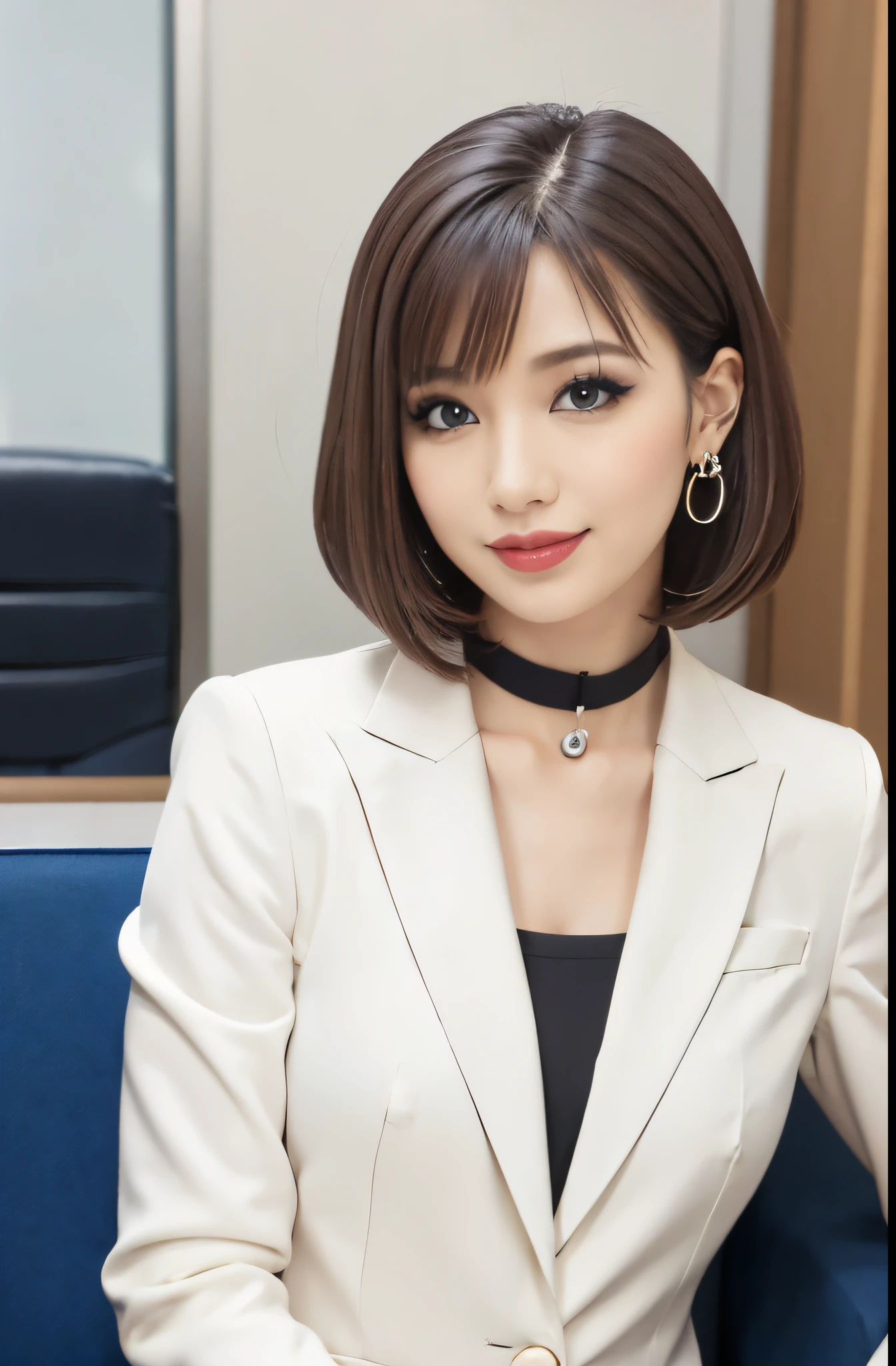 Sculpture model、goddess smile(Tabletop), (highest quality),Bobcut, Adult makeup,eye shadow,eyeliner,Teardrop Bag Makeup,Glossy lips,26 years old,White suit , Realistic photos , office , Black choker , blue eyes , Big Breasts,bangs,Photographed from the front,parlor,ring earrings,smile,Full body photo,shirt,Red lips,VIP Lounges,