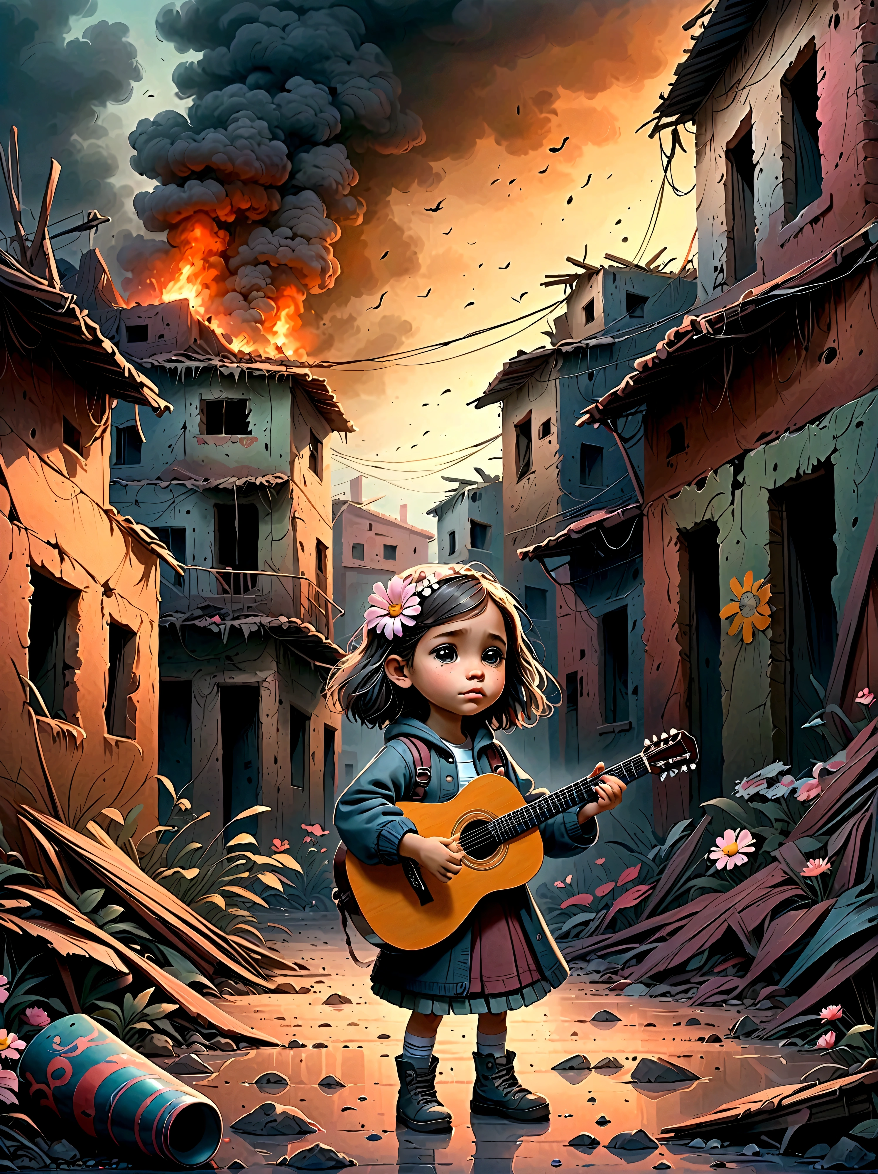 In the midst of a war-torn, smoky ruin, a child is playing a guitar, (A tenacious little flower grows at the child&#39;s feet), The scene captures the stark contrast between the devastation of the surroundings and the innocence of the child. The ruins are filled with debris and remnants of buildings, with smoke and fire in the background. The child's expression is somber, reflecting the harsh reality of the situation. The overall mood is poignant and emotional, with muted colors and dramatic lighting to emphasize the desolation and the glimmer of hope represented by the music.