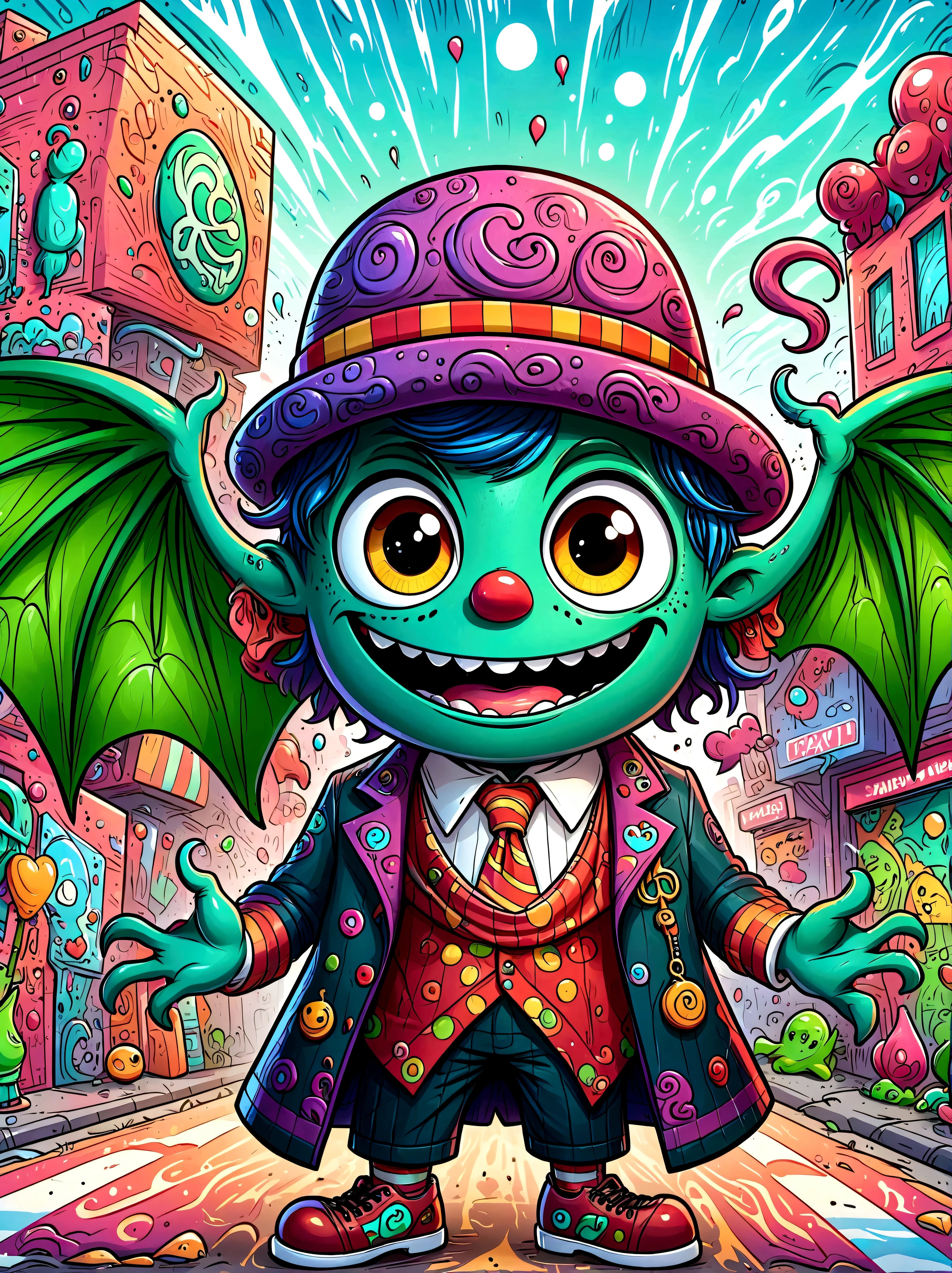 (masterpiece,Best quality:1.2),Graffiti style,Cartoon Characters,Vector illustration,(A Cthulhu monster:1.5),Dress up as a clown,With a mischievous smile on his face,Eyes wide open,sparkling,His figure is slender,Dressed in chaotic and brightly colored clothes,Includes an ornate hat with a heart symbol,Baggy pants and oversized shoes,This character shows vivid excitement,Arms open,As if preparing to perform magic,Hovering in an otherworldly landscape,站在Graffiti style的背景前,Add whimsy to the scene, 1kexx1
