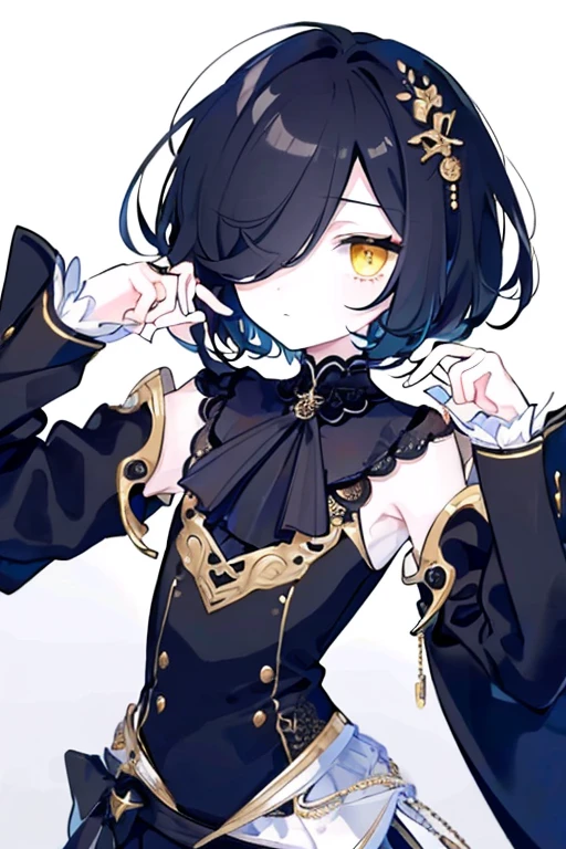 (highest quality、masterpiece:1.2) (((1 boy))) (suit) short hair、black hair,,、yellow eyes、elegant、beautiful eyes、beautiful hair、smooth skin、((low length))((hair above one eye, one eye covered)) (introverted look)upper body visible(((cute face))),