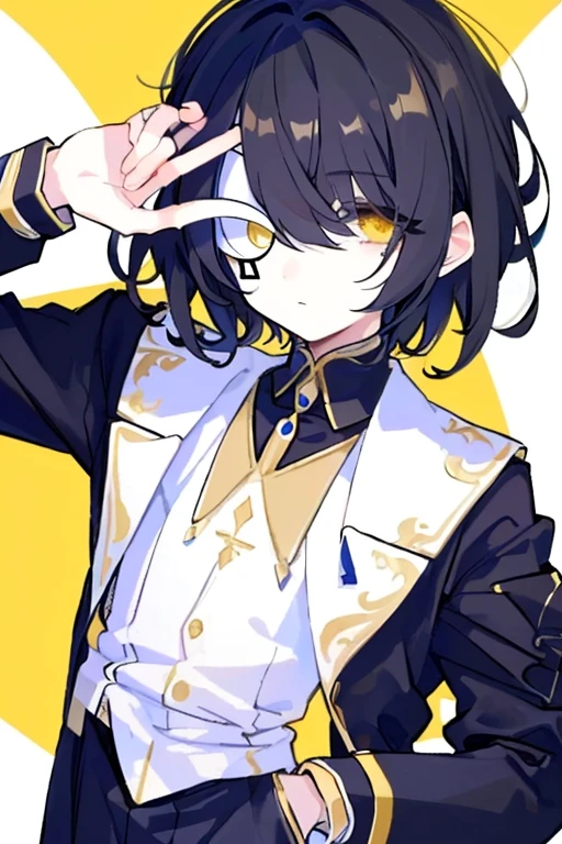 (highest quality、masterpiece:1.2) (((1 boy))) (suit) short hair、black hair,,、yellow eyes、elegant、beautiful eyes、beautiful hair、smooth skin、((low length))((hair above one eye, one eye covered)) (introverted look)upper body visible(((cute face))),