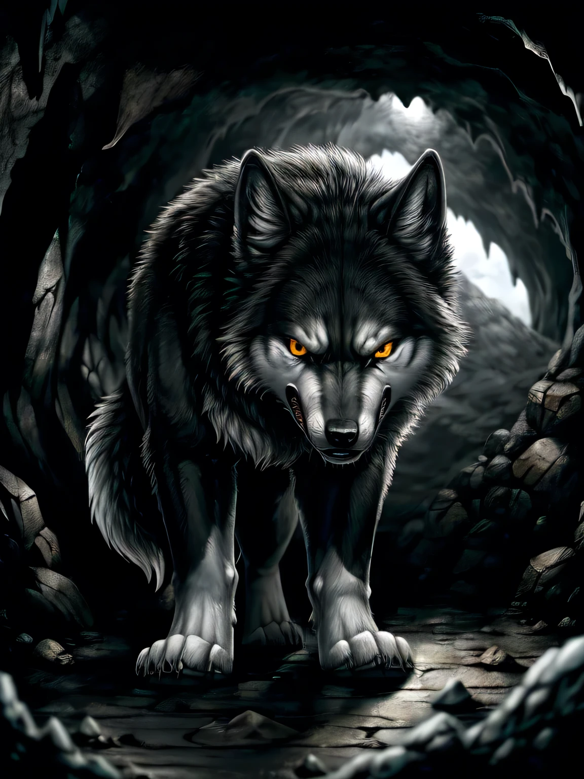 cave、pitch black、No light source、Wolf、 feral, angry, chase you,