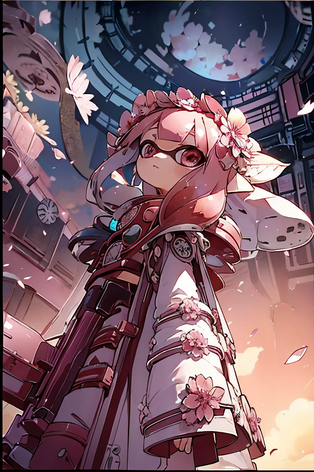 masterpiece、highest quality、High resolution、Real Anime、3D、background image、Flower Field、Flowers on one side、Lots of petals、SakuraFubuki、beautiful、beautiful、You can see far from the top of the hill、Ultra-wide angle、Splatoon Girl、20-year-old、((From the back))、((Angle from below))、((full body))、Pink tentacle hair、Metallic shiny tentacle hair、Flower Hair Ornaments、Flower crown、(((looking up:1.5)))、Looking at the flowers above、Are standing、(((From the back)))、The flowers are scattered far and wide、Punk Battle Suit、Grabbing a gun、Clear sky、Little clouds、
