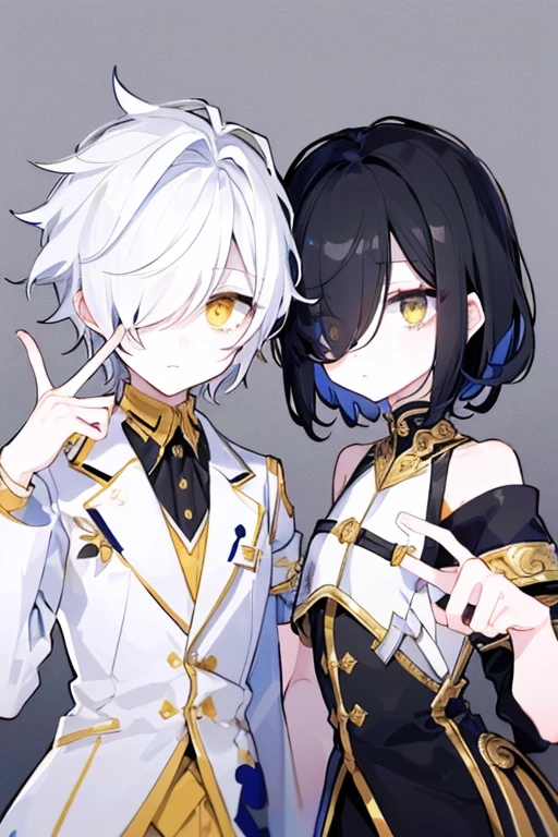 (highest quality、masterpiece:1.2) (((1 boy))) (suit) short hair、black hair,,、yellow eyes、elegant、beautiful eyes、beautiful hair、smooth skin、((low length))((hair above one eye, one eye covered)) (introverted look)upper body visible(((cute face))),