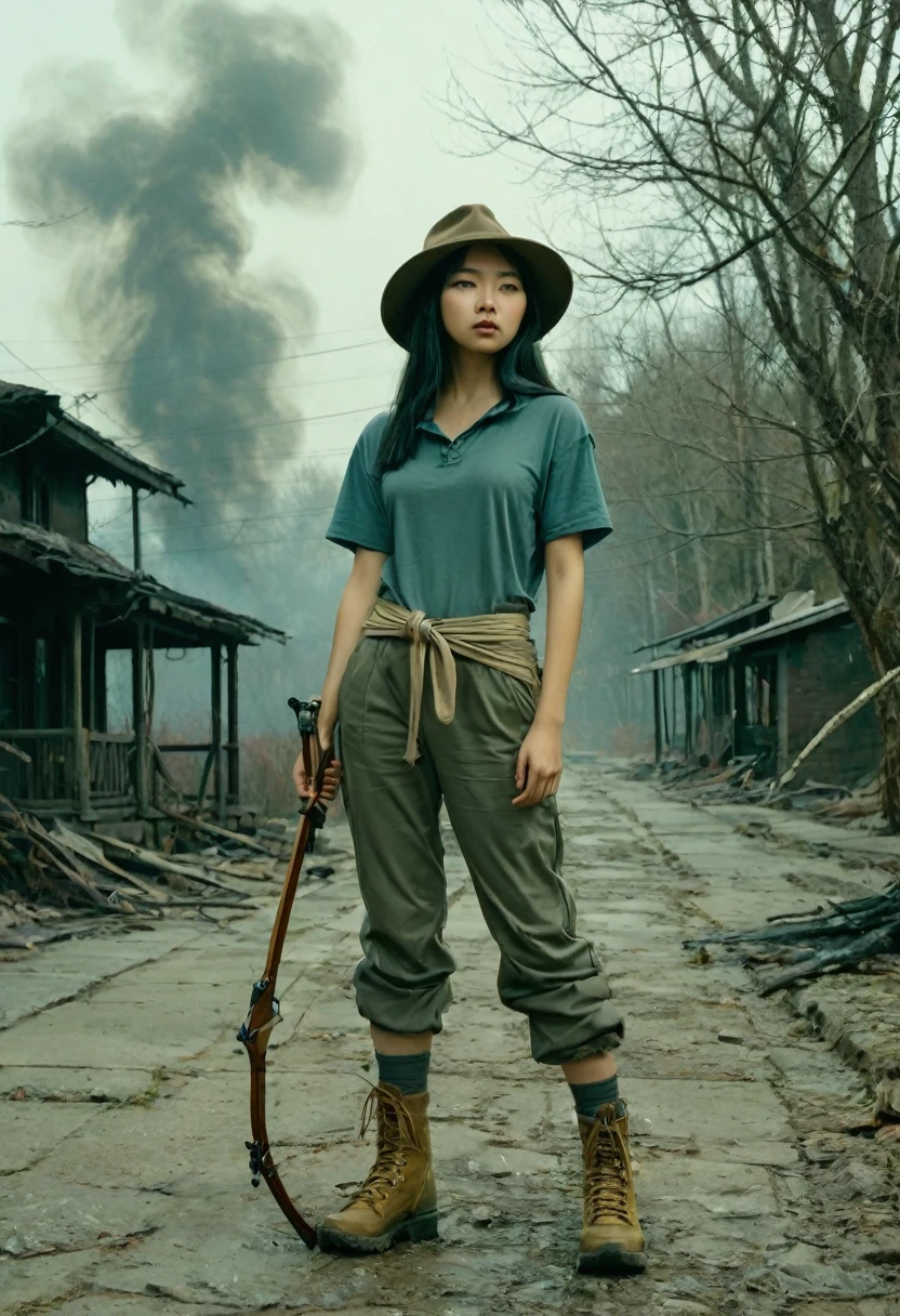 A girl who draws a bow and shoots arrows, seventeen years old, asian Caucasian mix, black hair, blue eyes, brimmed tan hat, gray cloak hangs down her back to the back of her knees and tied around her neck, dark green tee shirt, long light gray tactical pants tuck into hiking boots,
Apocalypse, Smoke rises from a burning house behind her, ash and paper scattered across the pavement and street, some houses have collapsed,