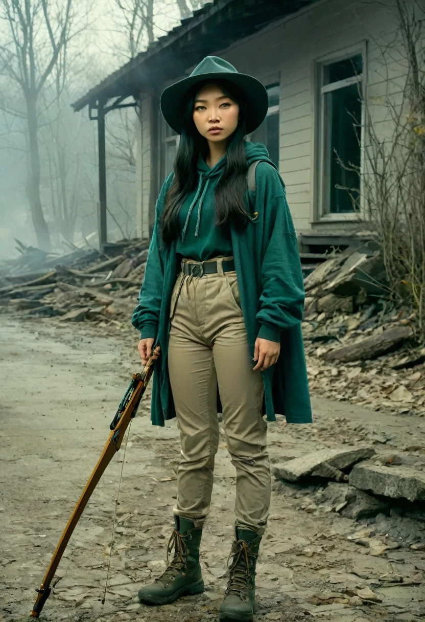A girl who draws a bow and shoots arrows, seventeen years old, asian Caucasian mix, black hair, blue eyes, brimmed tan hat, gray cloak hangs down her back to the back of her knees and tied around her neck, dark green tee shirt, long light gray tactical pants tuck into hiking boots,
Apocalypse, Smoke rises from a burning house behind her, ash and paper scattered across the pavement and street, some houses have collapsed,