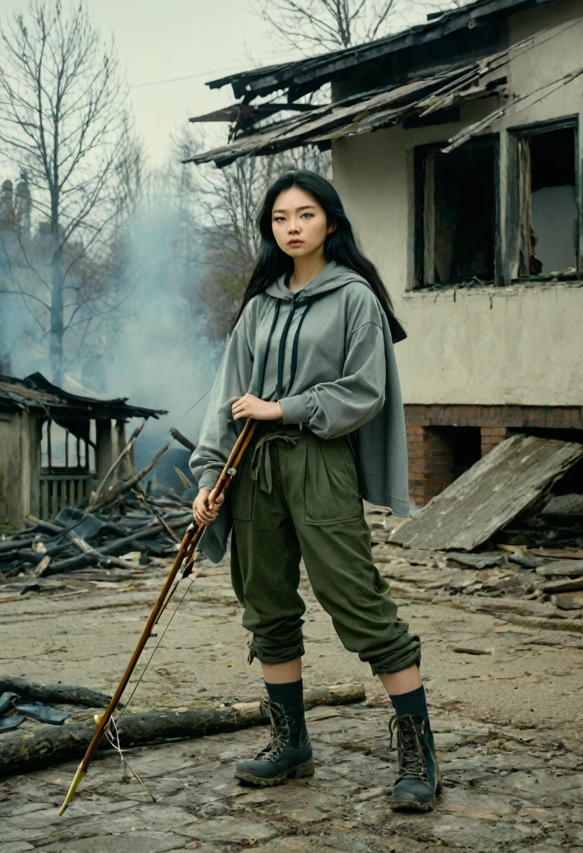 A girl who draws a bow and shoots arrows, seventeen years old, asian Caucasian mix, black hair, blue eyes, brimmed tan hat, gray cloak hangs down her back to the back of her knees and tied around her neck, dark green tee shirt, long light gray tactical pants tuck into hiking boots,
Apocalypse, Smoke rises from a burning house behind her, ash and paper scattered across the pavement and street, some houses have collapsed,