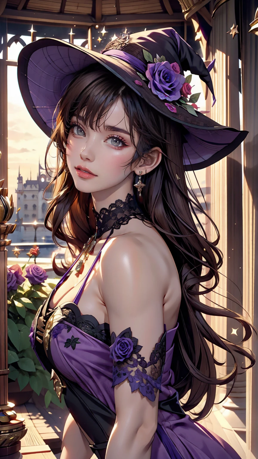 Beautiful girl, Perfect Face, Arms at your sides, masterpiece, Ultra-high resolution, high quality, 4K, Upper Body:1.5, Lisa (Genshin Impact), urple witch hat, Green Eyes, Brown Hair, (Purelos Face_v1:0.008), (European:1.6), bangs, dress, Rose, jewelry, witch, Capelet, Purple hat, Black gloves, Purple Flower, Hair between the eyes, purple Rose, Lips parted, purple Capelet, Hat Flower, multicolored dress, hair ornaments, windmill, From the side,