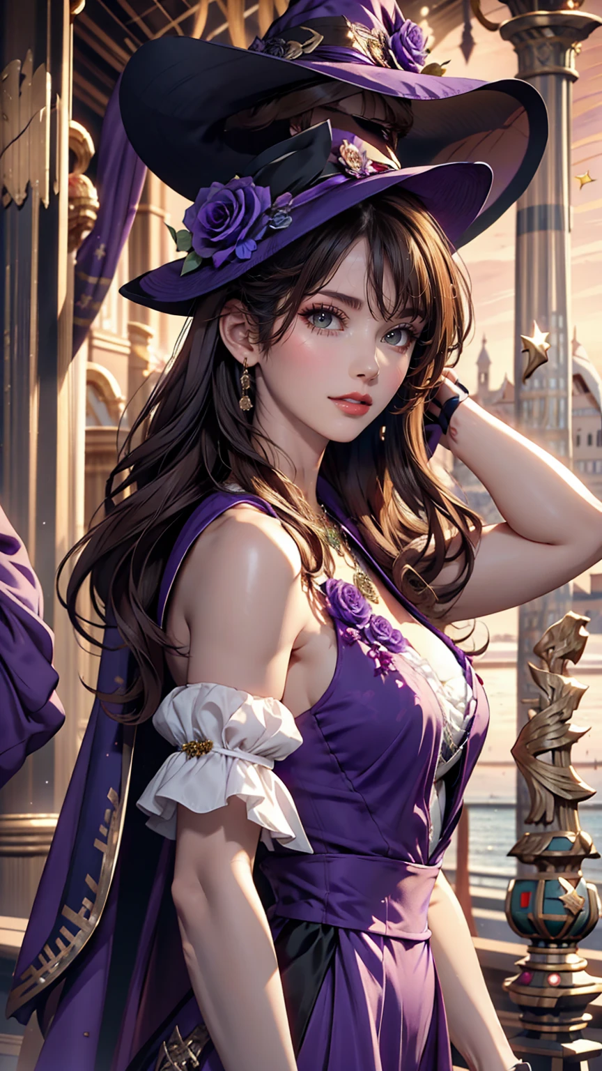 Beautiful girl, Perfect Face, Arms at your sides, masterpiece, Ultra-high resolution, high quality, 4K, Upper Body:1.5, Lisa (Genshin Impact), urple witch hat, Green Eyes, Brown Hair, (Purelos Face_v1:0.008), (European:1.6), bangs, dress, Rose, jewelry, witch, Capelet, Purple hat, Black gloves, Purple Flower, Hair between the eyes, purple Rose, Lips parted, purple Capelet, Hat Flower, multicolored dress, hair ornaments, windmill, From the side,