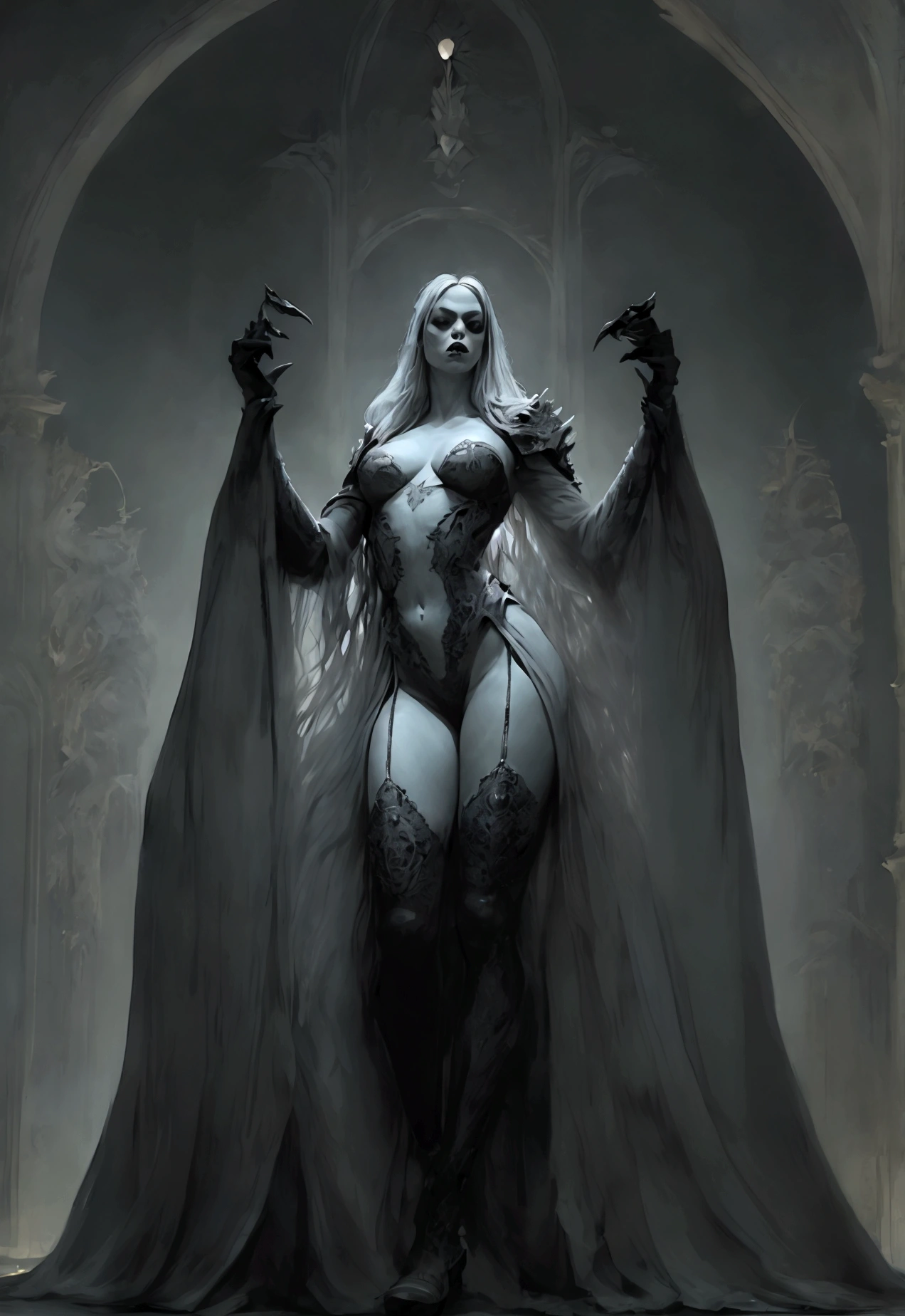 full body picture,full body representation((Masterpiece)), (Best Quality),(Cinematic),(highly accurate drawing in every detail)(extremely precise representation)(full body picture) evil awe inspiring night time with full moon scenery,1girl,fit,small breasts,long legs,sporty butt, red eyes, pale light grey skin, we capture a standing stunning tall young vampire girl with mindblowing face that takes a nice pose and showing her vampyfangs keeping her fine crafted straight-sword in front of her krypta surrounded wearing a beautifully crafted blued steel with brass ornaments meager and form fitting plate armor with some lace covered skin , extreme long silver hair, overknee armor heeled boots with buckles. (Masterpiece), (Best Quality), (ultra detailed), (most absurd), (highres), (official art:1.4), (illustration:1.4), (clear image:1.2),(delicate illustration: 1.2), 8k ,(detailed face:1.3), (highlights in eyes:1.3), (detailed silver long hair:1.3), (detailed skin:1.3), , perfect drawing lines. detailliertes full body picture,head and hands and feet in the picture, strigoi, nosferatu, fangs, vampyfangs