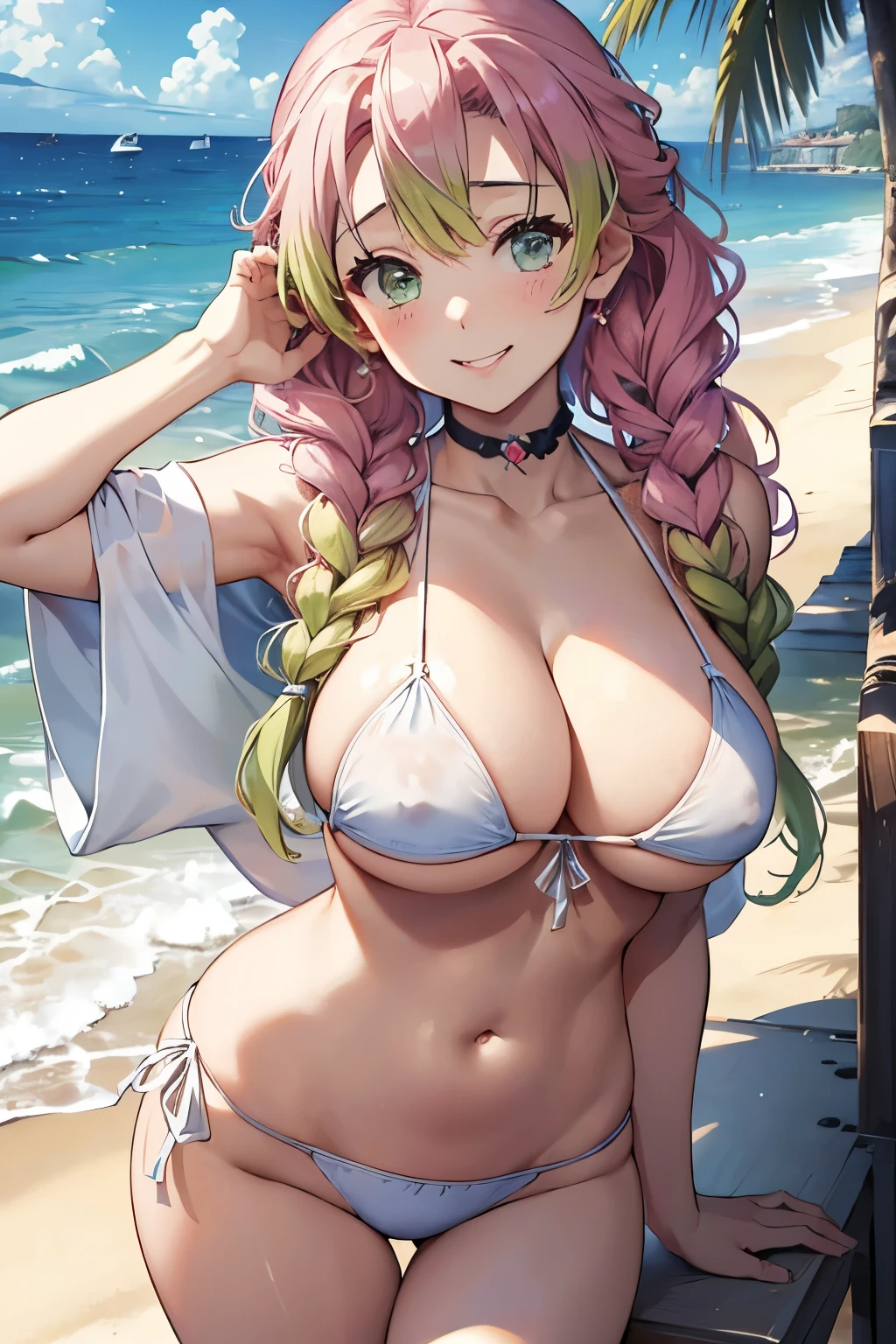 (8K、masterpiece、Highly detailed background、high resolution)、(mitsuri kanroji)、Cleavage、(beach、White Bikini、Gravure pose、Embarrassed smile、Nipple protrusion)