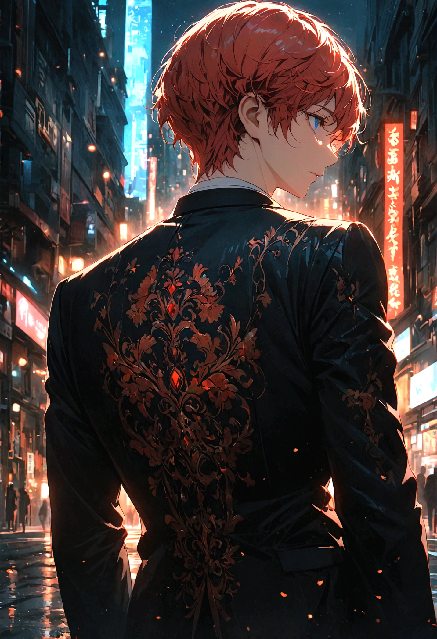 A red-haired, blue-eyed man in a black suit stood alone with his back turned halfway in the middle of the city at night.