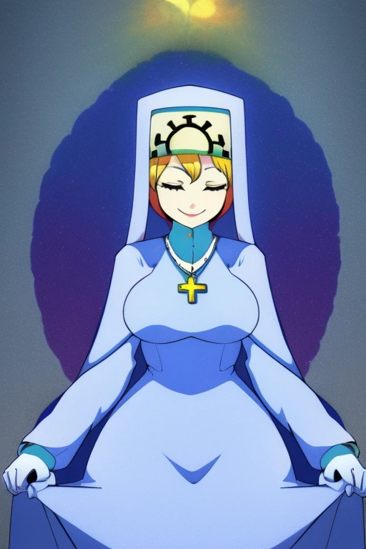 Double, short blonde hair, medium breasts, solo, smiling, cowboy shot, closed eyes,
blue habit, white gloves, cross necklace ,long sleeves, nun,
(insanely detailed, beautiful detailed face,beautiful detailed eyes, masterpiece, best quality) church,