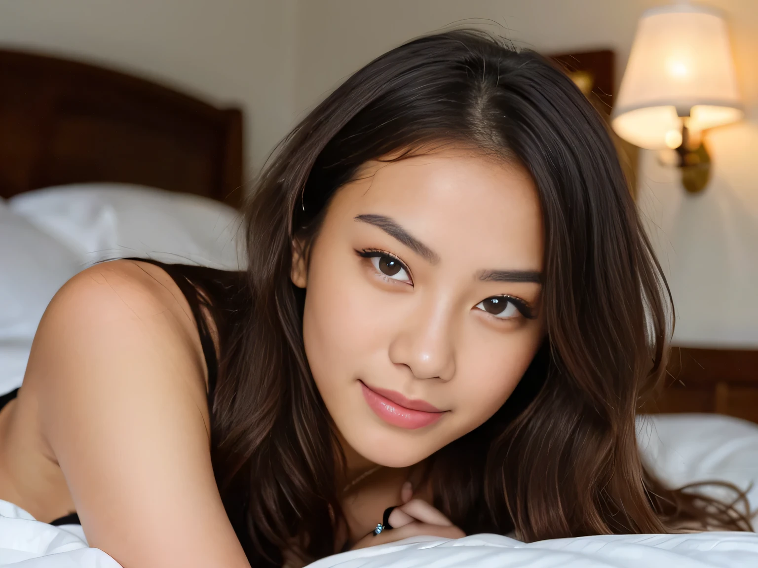 beautiful chinese woman, very detailed, 25 years, innocent face, long hair, natural wavy, super model face, childish face, beautiful face, thin nose, thin face, (naked), (busty) , ((shot of face and breast)), lying face up on a bed, high resolution, masterpiece, best quality, intricate details, highly detailed, sharp focus, detailed skin, realistic skin texture, texture, detailed eyes, professional, 4k, charming smile, shot on Canon, 85mm, shallow depth of field, kodak vision color, perfect fit body, extremely detailed, foto_\(ultra\), photorealistic, realistic, post-processing, maximum detail, roughness, real life, ultra realistic, photorealism, photography, 8k uhd, photography