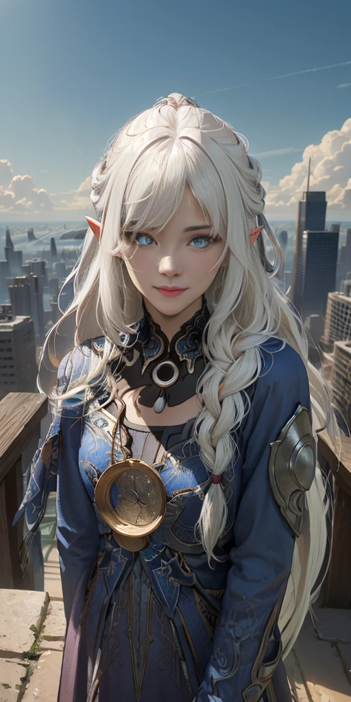 (masterpiece, best quality, ultra-detailed, best shadow),(western style:0.5), (realistic:1.2), analog style, (fibonacci), (detailed background, upper body, cowboy shot, smiling, standing, looking at viewer, facing viewer, city in the sky, above the clouds, stone, sunny, medieval, angular lines), (beautiful detailed face, feminine features), (best illumination), ((cinematic light)), colorful, hyper detail, dramatic light, intricate details, (1girl, woman named Lynaru, dark-skinned female, blackskin, long pointy ears, white hair, long hair, blue eyes, braid, long dress, sundress, runes, patterned clothing),