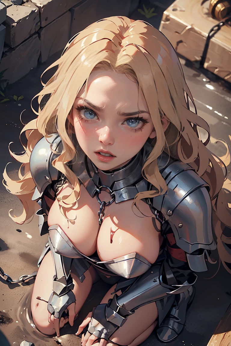 ((Masterpiece, Top Quality, High Resolution, Photorealistic, Raw photo)),  ((Extremely detailed CG unified 8k wallpaper)), (Female knight captured by the enemy, hands tied above her head, kneeling with legs open:1.3), detailed skin and eyes, (body stained with blood and mud, chains digging into her body:1.3), (blonde, long wavy hair, blue eyes full of anger and disgust:1.5), staring at the viewer, wearing silver armor and crimson cape, cleavage, camel toe, (face Close-up, seen from above:1.2),