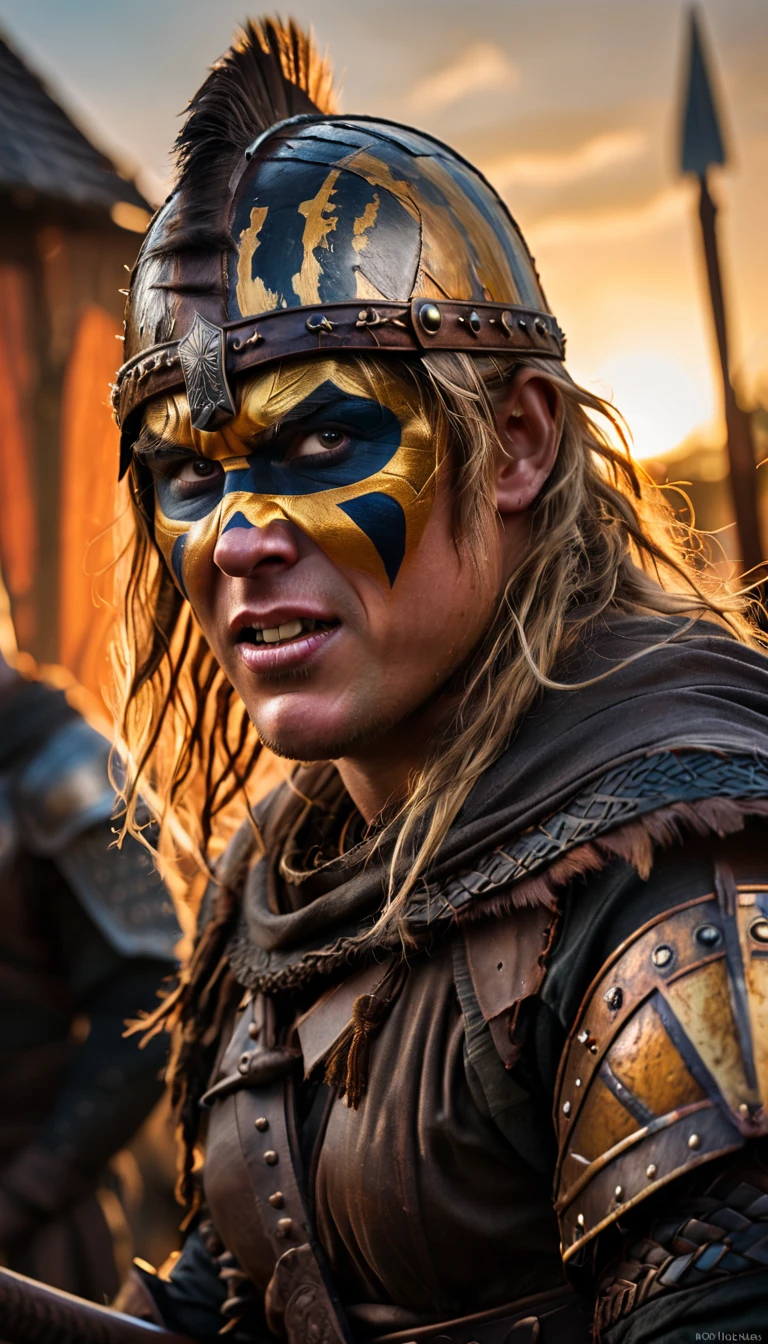 As the sun began to set, The warm golden color of the sun shone on his clothes, Viking warriors making shield wall with dark striped face paint, scary warrior face, battle cry, background dark, hyper realistic, ultra detailed hyper realistic, photorealistic, Studio Lighting, reflections, dynamic pose, Cinematic, Color Grading, Photography, Shot on 50mm lens, Ultra-Wide Angle, Depth of Field, hyper-detailed, beautifully color, 8k, golden light from the front,