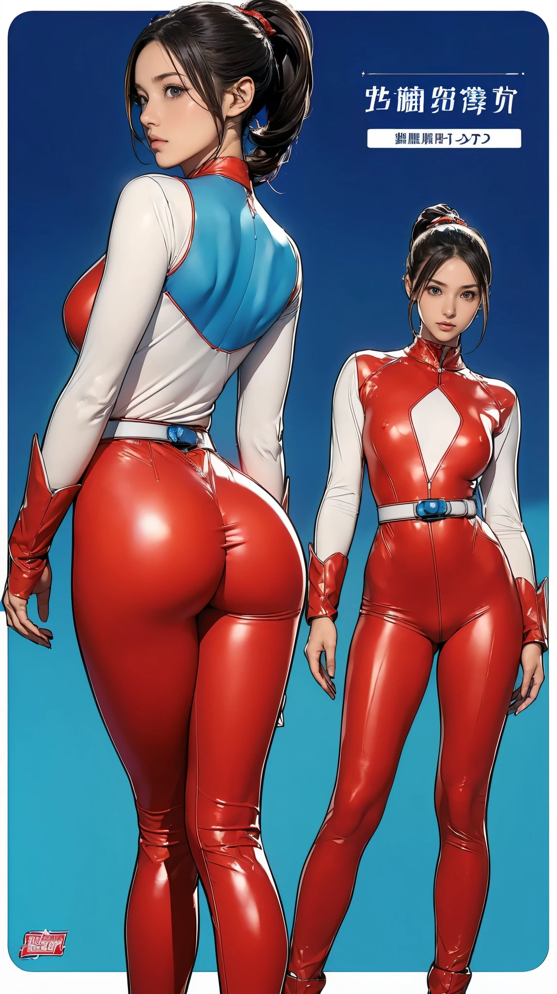 ((masterpiece)),(((highest quality))),((Reference Sheet, Character Design, front, return, ~ ~ side, Mr..々Hairstyle, Mr..々Performance, Facial Expressions)), **-****-*** girl, Cute type, (Very slim:1.4), (Very small ass:1.4), Realistic buttocks, Big Breasts, Short Bob, Thin thighs, Long legs, ((Light Blue Enamel Power Rangers、Big Breasts、Cover all breasts at all times、Wearing a light red leather full body suit、Large emblem on the chest、Always wear a belt with a large buckle, White suit、Truly a Sentai hero)), ((Browsing Caution:1.0))