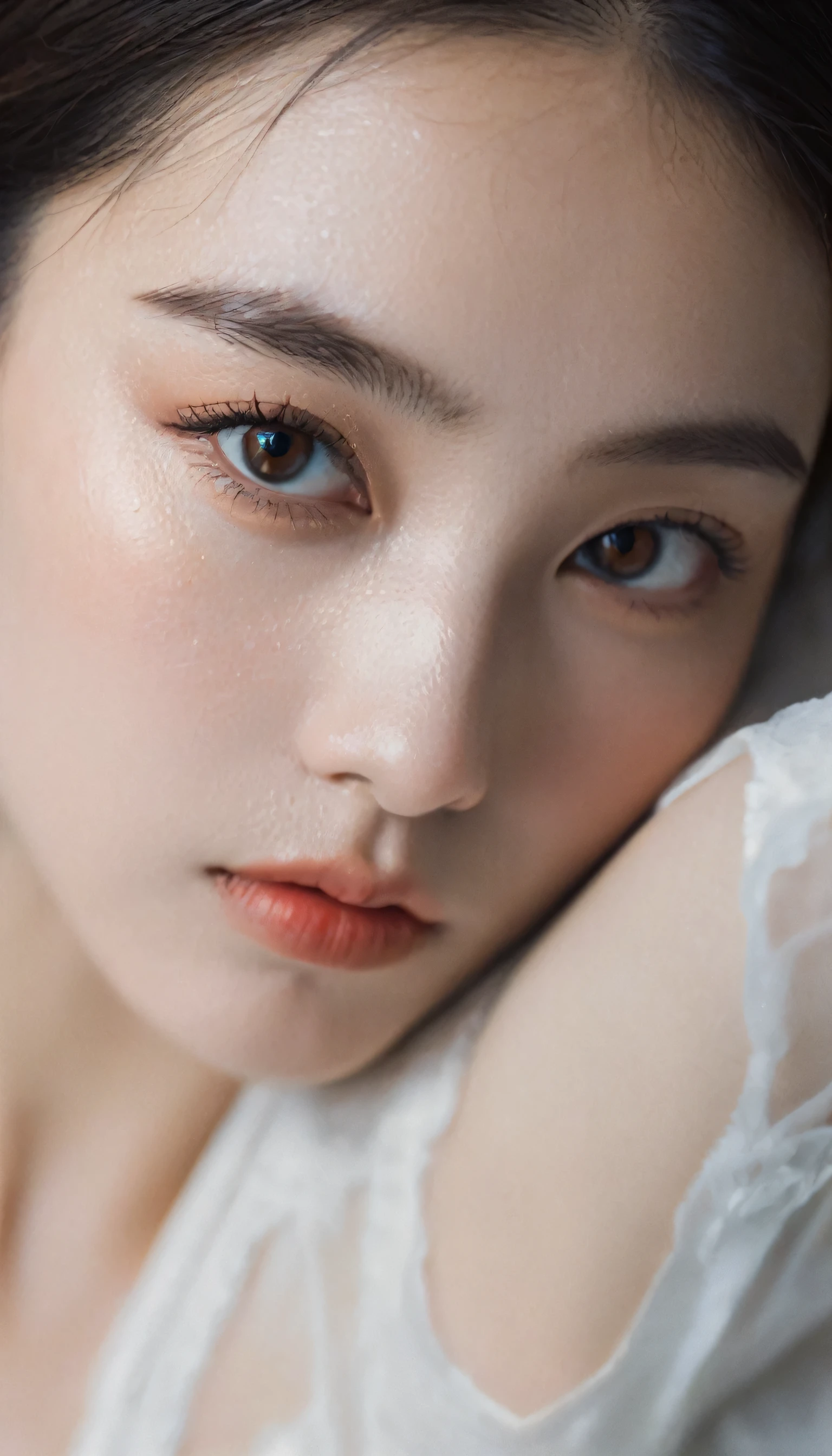 xxmixgirl, analog style, eye focus, highest quality, (highly detailed skin), photo of a exquisitely beautiful pale skin, 21yo, perfect face, alluring eyes, (seductive makeup: 1.3), skin pores, (bokeh:1.5), sharp focus, dappled lighting, (backlighting), film grain, (highly detailed, intricately detailed), 8k, HDR, front view, studio light, Ultra-detailed face, Detailed eyes, (Double eyelid: 1.4), Alice toggle, brown eye, (commercial: 1.4), (seductive makeup), ((white studio background: 2))