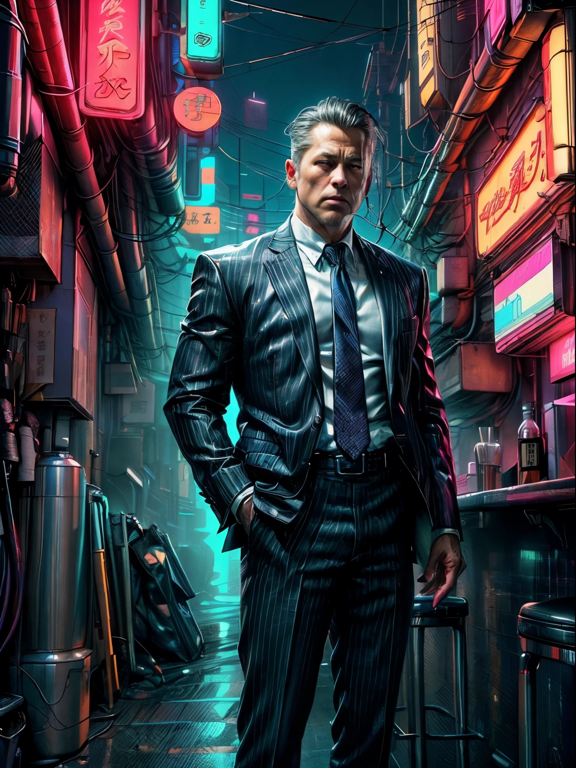 {Brad Pitt lookalike;1.5),(A dull and tired-looking middle-aged businessman:1.2),(highest quality、8k、32k、masterpiece)、(Ultra-high resolution)、(Photorealistic:1.4)、Raw photo、Action pose:1.2,Detailed cyber business fashion、Cyberpunk World,Depth of written boundary,Blurred Background,、A tired-looking businessman drinking at a bar in the cyberpunk city of Luidae、Shining cyber tech neon sign 、(Corporate warrior Yamazaki:1.2)、(Japanese salaryman:1.3)、Takuro Yamazaki