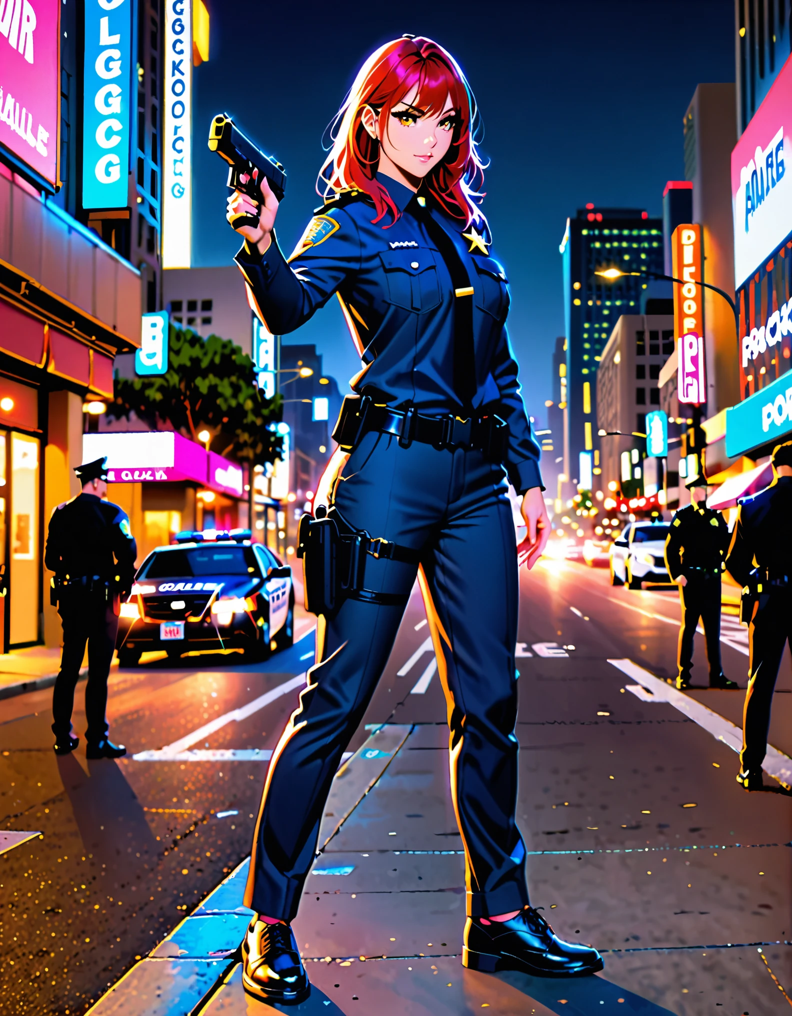 best quality, masterpiece, highres, solo, solo focus, 1lady, semi-realistic, dynamic action pose, standing straight, red hair, hazel eyes, beautiful detailed eyes, beautiful detailed face, perfect hands, sexy Los Angeles police officer, matching pants, city backdrop, neon edge lighting, highly detailed, professional, matching shoes, full body shot, using glock17 pistol, medium hair, hair down, nighttime.