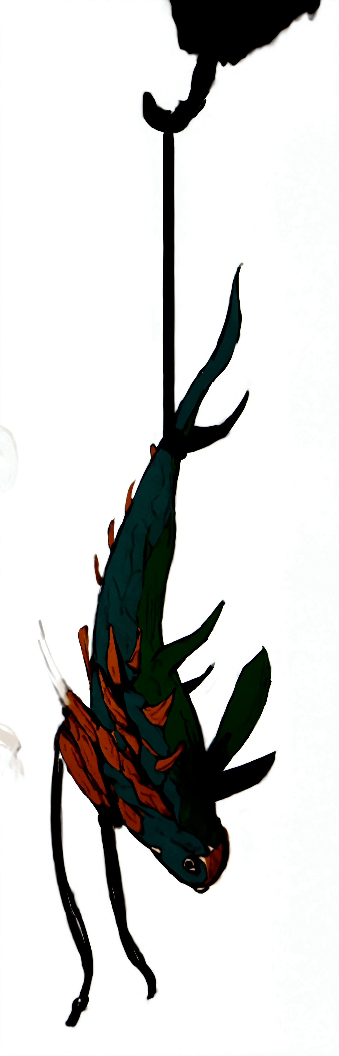 A giant fish hanging up with two tentacles. High-definition carving, fish skin texture, linen rope hanging up with iron hook
