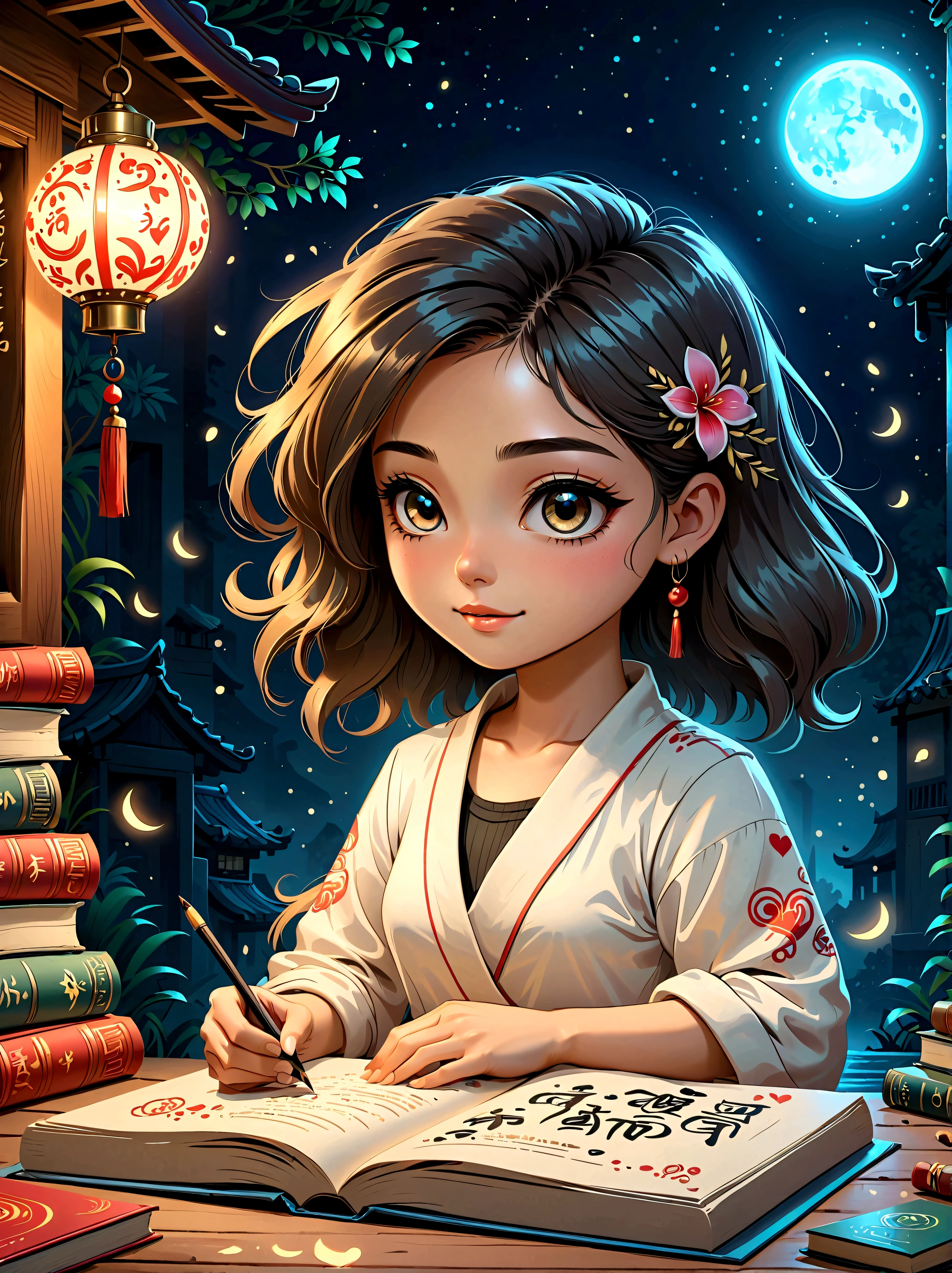 Graffiti style，Cartoon Characters，Vector illustration，Romantic ancient style，Night flashes，Elegant and simple，1girl，Macro Photography，pause，Rolled up rice paper with calligraphy written on it，High Angle Shot，Depth of Field，Bioluminescence，Chen Jia Leng，Quiet atmosphere，excellent，Fine details，Icon，Fluorescent Color，Anime Characters，Backlight，The book is busy，The heart is shining，Beige tones，Concept Design，Decorative illustrations，rich，Micro Rendering，light , 1kexx1