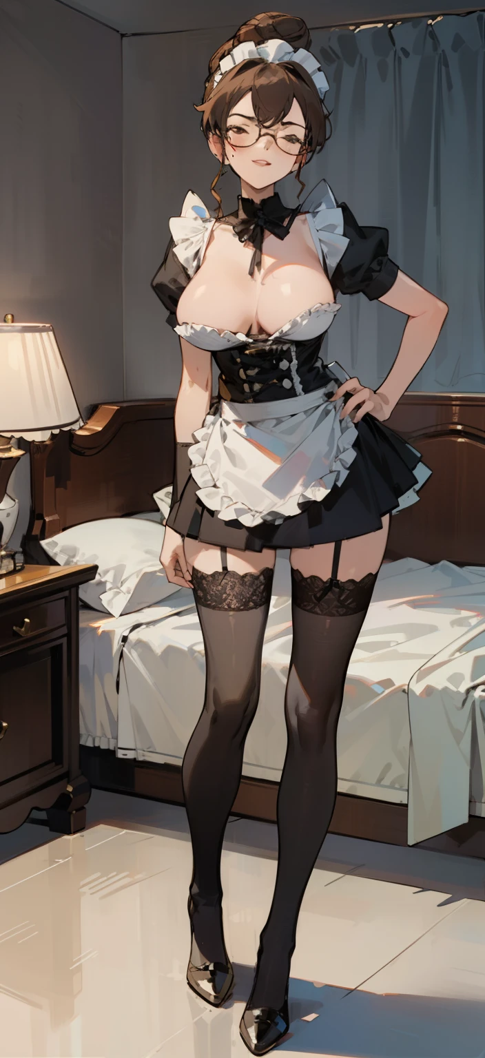 Night time,(Masterpiece), Best Quality, ultra-detailed, 1girl (eri, Slender and sexy body, huge breasts, wide hips, naked body brown hair, single hair bun, brown eyes,half-closed eyes, spectacles),evil face, smirk,parted lips, facing viewer, looking at viewer, solo, maid (black), frill, apron, ultra mini skirt, maid headdress, black lace thighhighs, in the bedroom, standing, Sexy waist teasing, come-on, lure, Full-body