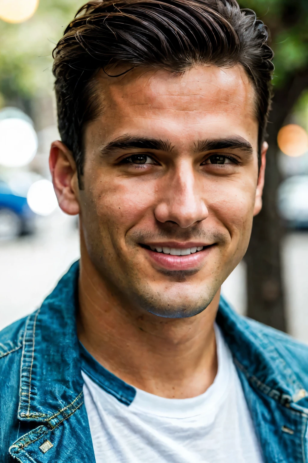 Handsome man, brunette, short hair, light smile, outdoors during the day, in casual clothes, mature man, look straight into the camera, full face, close-up, Latin American appearance, ultra textured skin, Best quality, photography and GQ magazine, a masterpiece on Flickr in trend, High resolution, The best quality. Realistic, Realistic photo, Ultra realistic, 1 person, Detailed, Perfect lighting, DSRL, Professional photo, HD, Blue lighting,